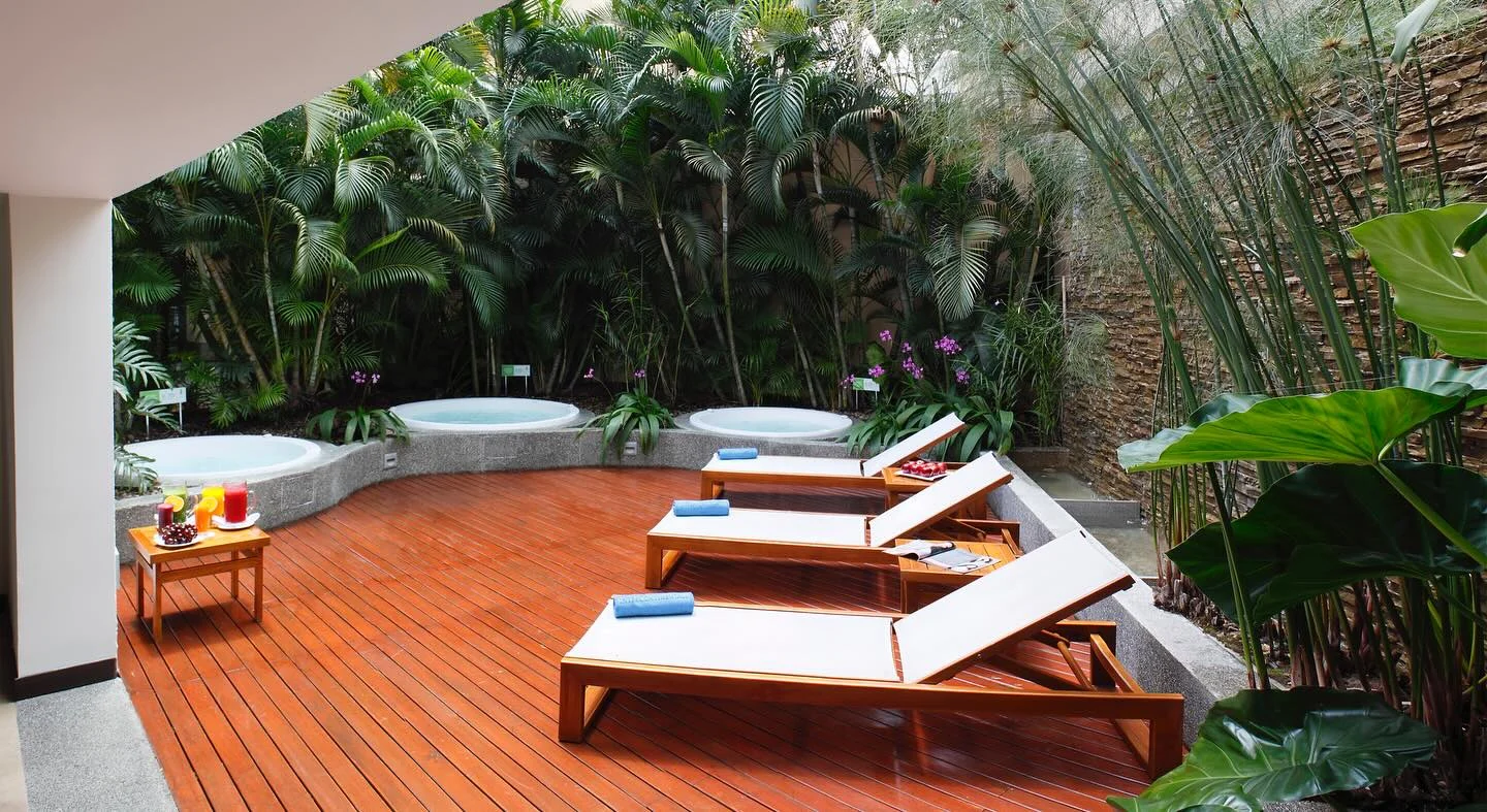 Wellness deck with loungers and tropical plants.
